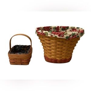 Lot of 2 Longaberger Baskets Both w/ Floral Cloth Liners, 1 w/ Plastic Liner